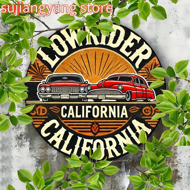 Potdemiel California Lowrider Rundes Aluminiumschild Vintage Wanddekoration Mehrfarbig Durchmesser: 20 cm - Bild 1