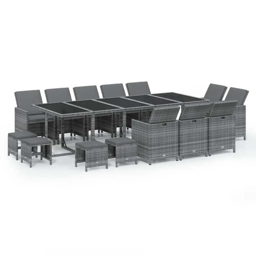 vidaXL 15-teilige Garten-Essgruppe aus Poly Rattan mit Kissen in Grau - Bild 2