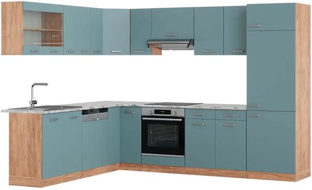 Vicco R-Line Eckküche in Blau-Grau und Goldkraft Eiche mit Marmor-Optik, B/T/H: 227 x 287 x 207 cm - Bild 1