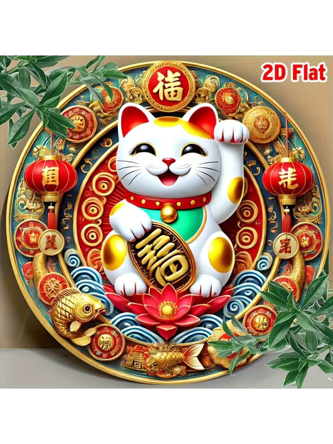 Potdemiel Maneki Neko Aluminium-Wandkunst, runde Wanddekoration mit Laternen und floralen Motiven in Rot und Gold, Durchmesser: 20,32 cm - Bild 5
