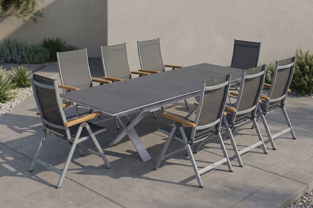 Kettler Granada Garten-Essgruppe in Silber und Anthrazit mit ausziehbarem Tisch und 8 Klappstühlen aus Aluminium, Spraystone und Teakholz, Tisch B: 100 cm, T: 180-280 cm, H: 78 cm - Bild 1