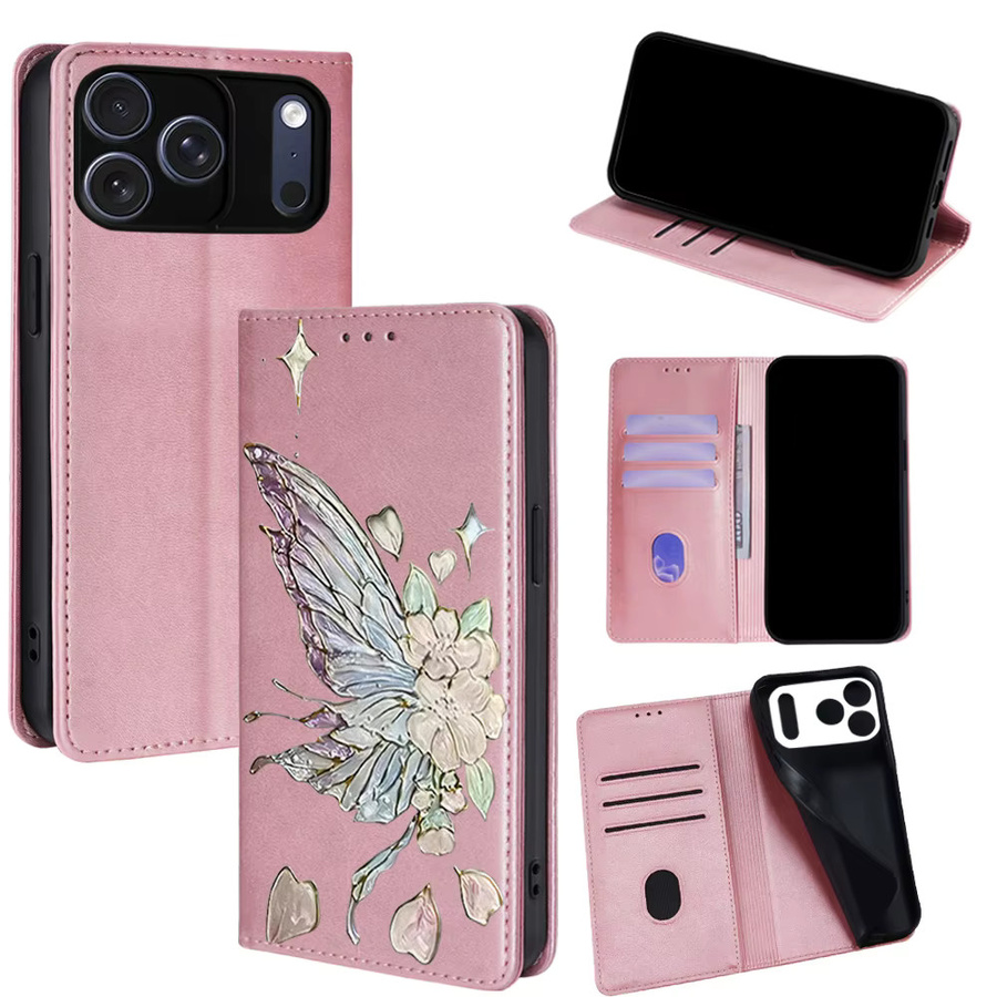 Magnetische Leder-Handtasche mit Schmetterlingsmuster als Flip Wallet Cover für iPhone 17 Pro Max, 16, 15, 14, 13, 12, 11 Pro Max, 16 Plus und 16E in Schwarz - Bild 7