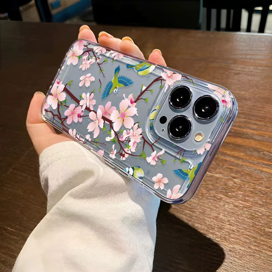 Transparente Handyhülle mit Vintage Kirschblüten- und Vogel-Print für iPhone 17 16 15 14 13 12 11 Pro Max aus TPU mit Anti-Sturz Schutz - Bild 2