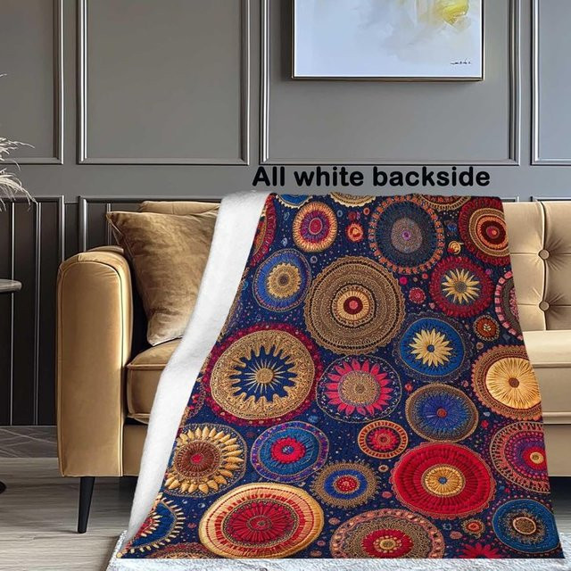 VIKAMA Flanell-Decke in Marineblau mit ethnischem Mandala-Design im Boho-Stil - Bild 1