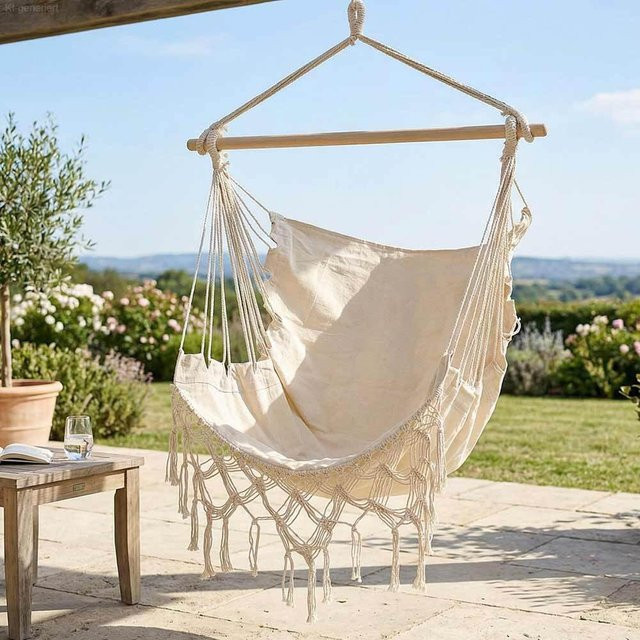Hängesessel Ibiza mit Fransen in Beige Natur im Boho Style aus Baumwolle und Polyester, Höhe: 130 cm - Bild 1