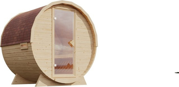 Karibu Fasssauna Set naturbelassen mit 9 kW Ofen und integrierter Steuerung