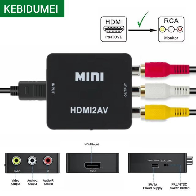 kebidumei HDMI zu AV RCA Konverter in Schwarz mit USB-Kabel, Full HD 1080P Unterstützung für NTSC und PAL, kompatibel mit PC, HDTV und Projektor - Bild 1