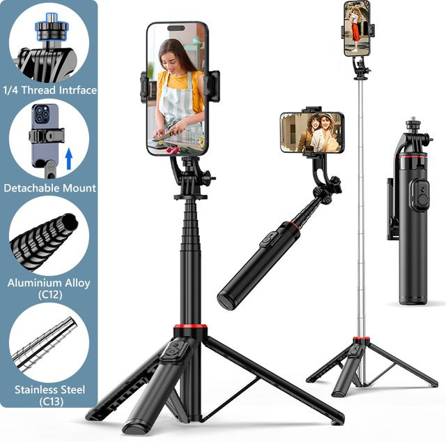 Axnen Smartphone Selfie Stick Stativ mit Bluetooth und 1/4 Zoll Anschluss für Android und iOS, Schwarz, C12/C13 - Bild 1