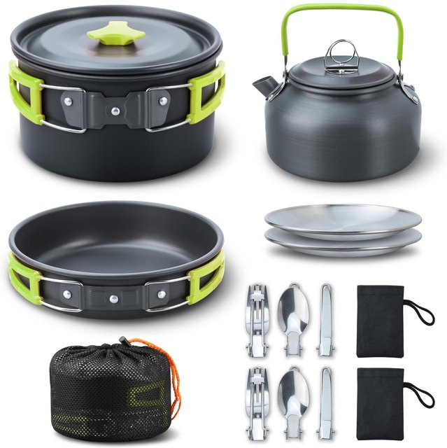 TOMTOP JMS Camping Kochset 16-teilig in Grün mit beschichteten Töpfen und Pfannen aus Aluminium und Edelstahl - Bild 1