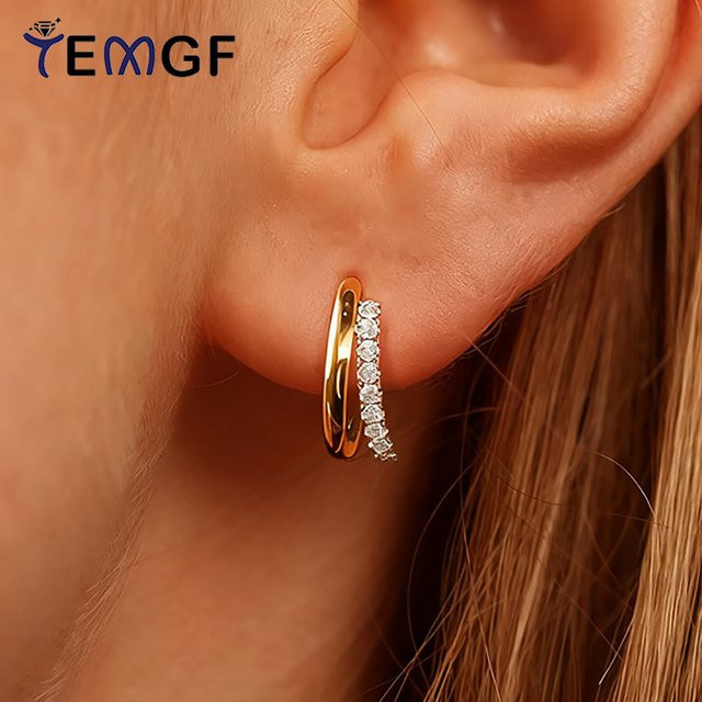 TEMGF Zwei-Reifen-Ohrringe, 925 Silber, 18K vergoldet, Moissanit, Damen - Bild 1