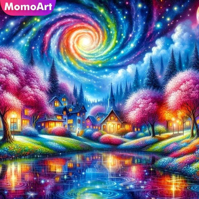 Momoart Diamantmalerei bunte Landschaft mit Haus und Fluss als DIY Diamantmosaik in Mehrfarbig und Rund - Bild 1