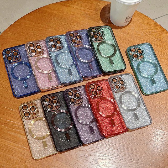 Caynes Magnetische Glitzer Handyhülle für iPhone kompatibel mit iPhone 17 Pro Max, 16 Pro Max, 15, 14, 13, 12, 11 und Air in Pink mit galvanisierter Kantenabdeckung - Bild 1