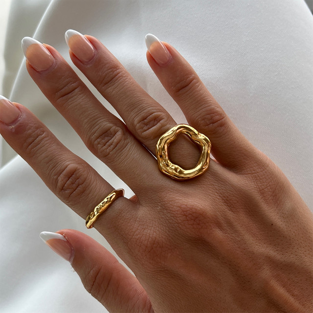 amofa Ring Edelstahl, Gold, Unregelmäßiger Kreis, Damen, Vintage - Bild 1