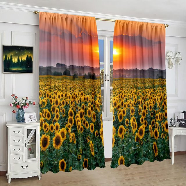 2er-Set Sonnenblumen Vorhang aus Polyester mit floralem Design, halbtransparent, Mehrfarbig, Breite: 76,2 cm, Höhe: 165,1 cm - Bild 1