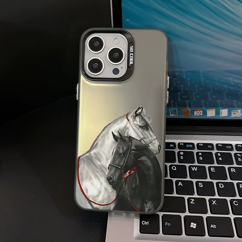 Galvanisierte TPU-Handyhülle mit grauem Pferdemuster für Apple iPhone Modelle in Grau und Schwarz - Bild 3