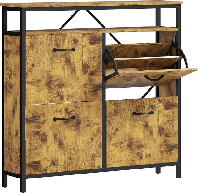 HOMCOM Schuhschrank in Rustikal Braun mit 4 Klappen und offenem Fach, schmaler Schuhkipper mit verstellbaren Trennwänden für 12-20 Paar Schuhe, B/T/H: 98 x 24 x 95 cm - Bild 1