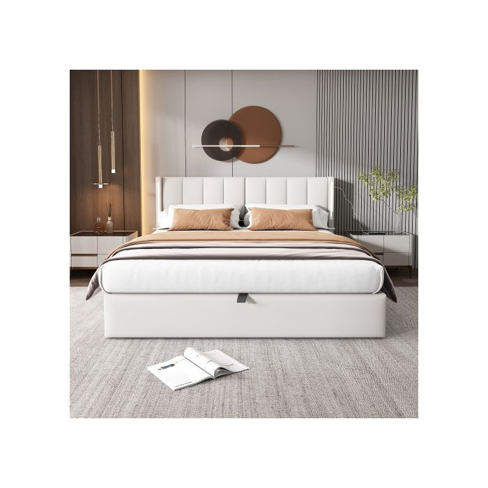 Gepolstertes Bett MUVOE Binaural in Weiß mit LED-Beleuchtung, USB-Ladeport und verstellbarem Kopfteil, B: 140 cm, L: 200 cm - Bild 2