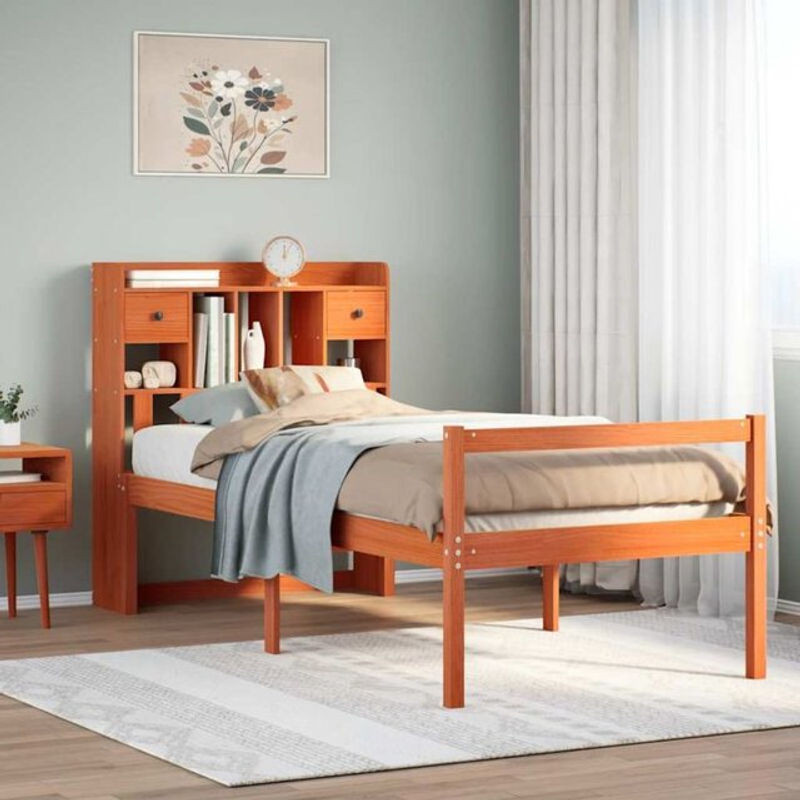 Massivholzbett aus Kiefer mit Regal in Braun von vidaxl, B/T/H: 75 x 190 x 110 cm - Bild 1