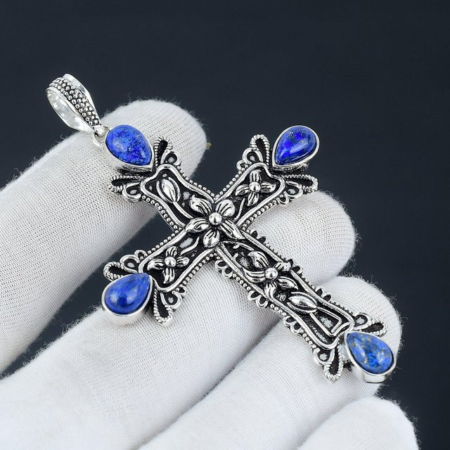 Kreuzanhänger 925 Silber, Lapislazuli, Damen - Bild 1