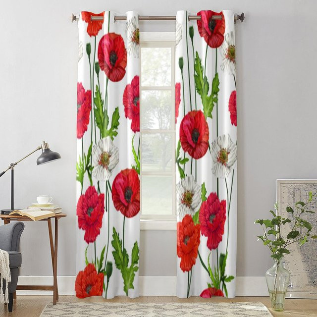 Binchi Outdoor Equipment Fenstervorhang mit Mohnblumen-Design in Grau, Breite: 135 cm, Höhe: 60 cm - Bild 1