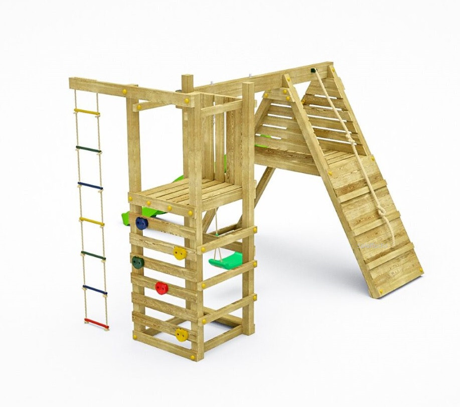 Fungoo Spielturm Climber in Teak mit Rutsche, Einzelschaukel, Kletterwand und Schaukelsitzen - Bild 3