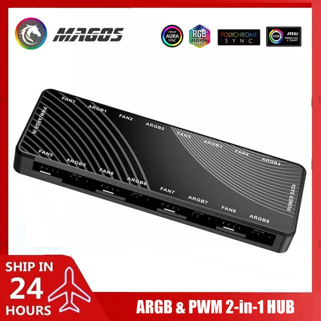 Flying Elephant PC-Gehäuse in Schwarz mit 8x ARGB und PWM 2-in-1 Lüfter-Hub HA-02 - Bild 1