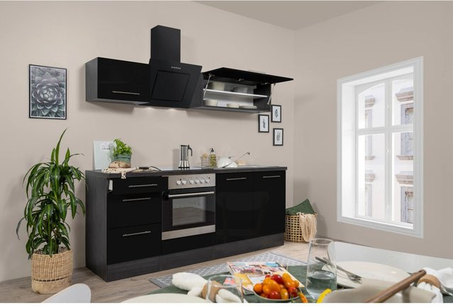 Respekta Premium Küchenzeile modern in Schwarz Hochglanz und Grau mit Soft-Close-Türen, Breite: 210 cm, Höhe: 200 cm, Tiefe: 60 cm - Bild 1