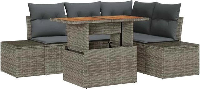 vidaXL Garten-Sofa-Set aus Poly Rattan in Grau mit 5 Teilen, Ecksofa, Mittelsofa, zwei Seitensofas, Gartentisch und integriertem Kissen-Speicher - Bild 1