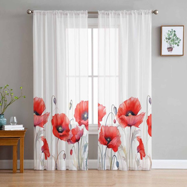 Yiran Furniture Transparente Voile-Vorhänge mit rotem Mohnblumenmotiv in Aquarell-Optik, Breite: 135 cm, Höhe: 115 cm - Bild 1