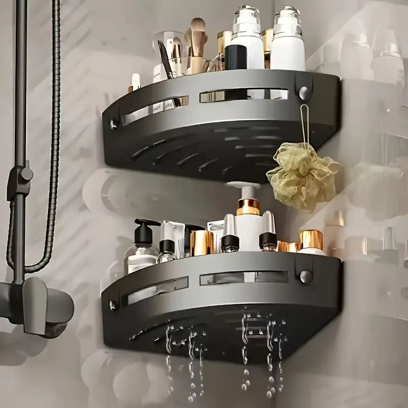 YANKE Wandmontiertes Badezimmer-Organizer-Regal aus Kunststoff in Schwarz mit Haken und Fächern für Shampoo und Handtücher - Bild 2