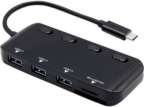 Roline USB-Hub mit USB-C Anschluss, 3x USB-A 3.0 und CardReader für SD und microSD, Schwarz - Bild 1
