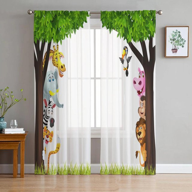 Yiran Furniture Transparente Tüllvorhänge mit Afrikanischen Wildtieren Löwen Motiv, Weiß, B: 135 cm, H: 115 cm - Bild 1