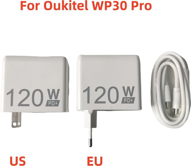Oukitel WP30 PRO Schnellladegerät 120W mit US/EU-Stecker und 6A Dual Type-C USB-Kabel in Weiß - Bild 1