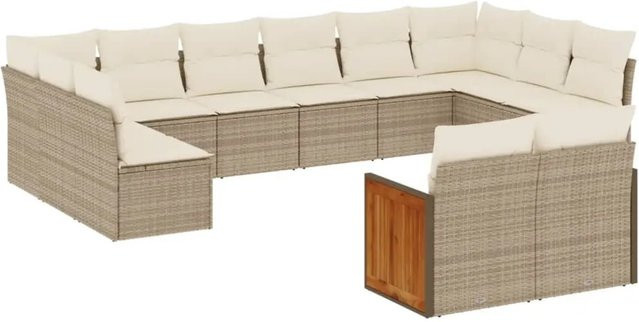vidaXL 12-teilige Garten-Sofagarnitur aus Poly-Rattan und Akazienholz in Beige-creme mit Kissen - Bild 1