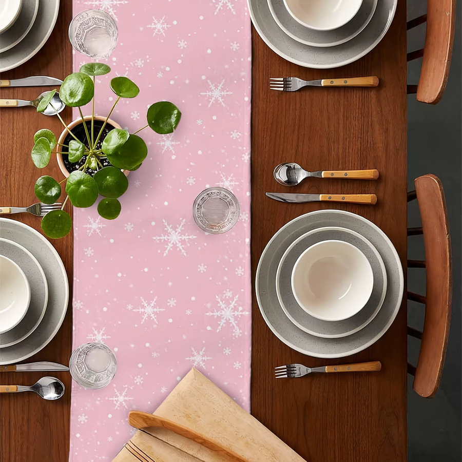 Dokriy Tischläufer für Weihnachten in Weiß und Rosa mit Schneeflocken-Design aus Polyester - Bild 4
