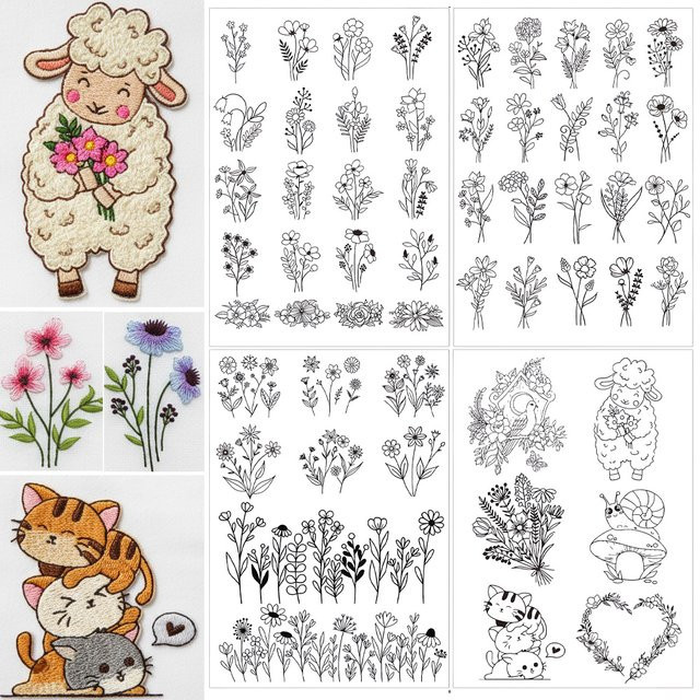 Selbstklebendes Stickerei-Set mit 4 wasserlöslichen Stabilisatorbögen in Schwarz-Weiß und vorgedruckten Blumen- sowie Tiermotiven - Bild 1