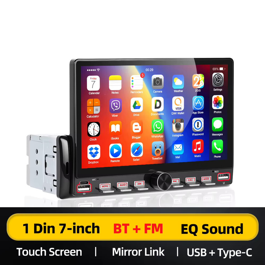 Podofo 1 Din Autoradio mit 7 Zoll Touchscreen MP5 Multimedia-Player, Bluetooth, USB Typ-C, AUX und Mirror Link in Schwarz - Bild 3