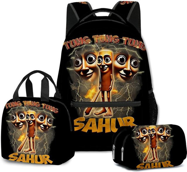 Fancy Style Studio 3er-Set Schulset mit Rucksack, Lunchtasche und Federmäppchen in Schwarz mit 3D-Druck-Design - Bild 1