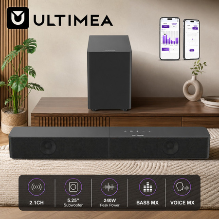 ULTIMEA 2.1 Soundbar mit kabellosem Subwoofer in Schwarz, 240W Spitzenleistung, BassMX & VoiceMX, App-Steuerung und Bluetooth 6.0 für deinen Smart TV