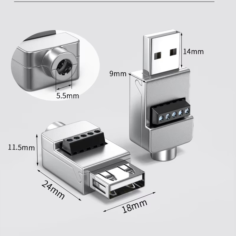 USB 2.0 DIY Reparatur-Kabel Set mit Metallgehäuse, Männlich und Weiblich, Silber - Bild 3
