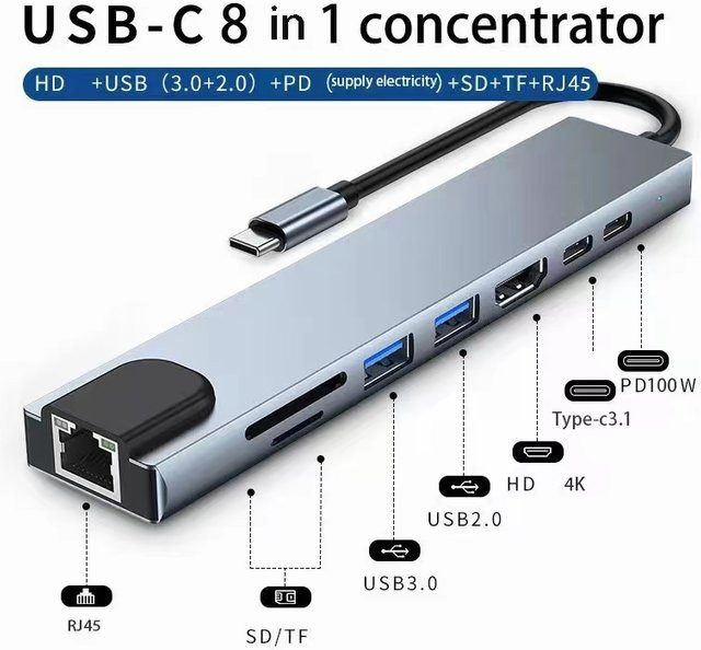 LIQI 8in1 USB C Hub mit 4K HDMI, RJ45 Ethernet, SD/TF Kartenleser und PD Schnellladung für deinen Laptop - Bild 1