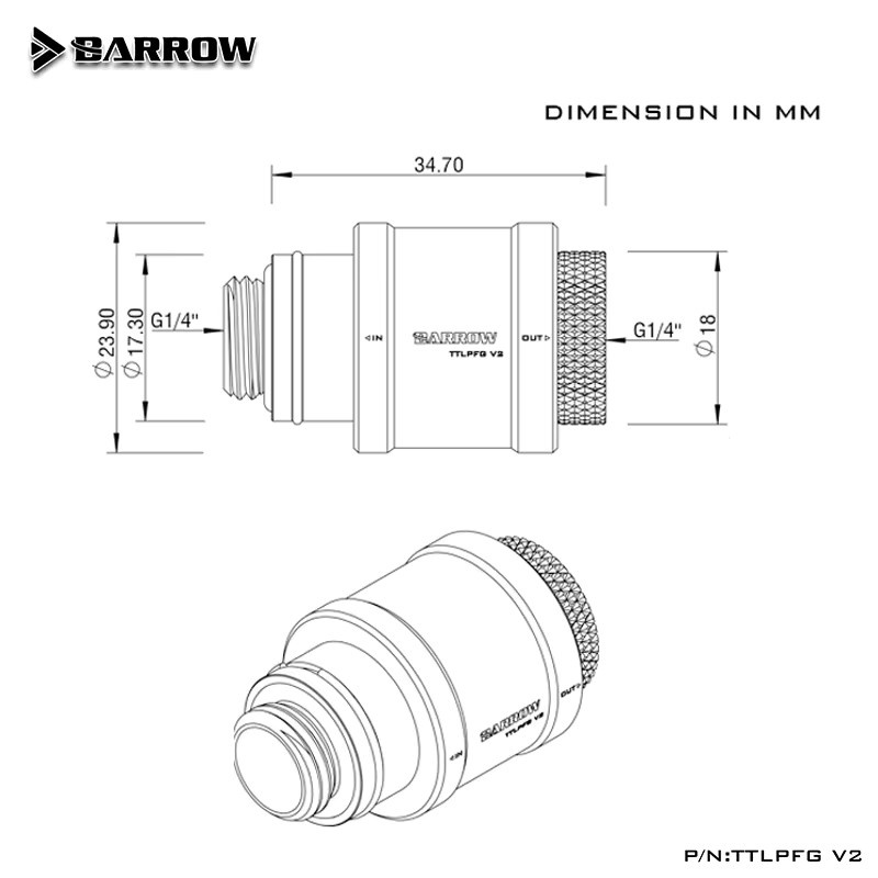 Barrow Mini Wasseraufschlagventil Fitting M-F G1/4'' Gewinde Hand Push Type Flüssigkeitsventil für PC Wasserkühlung Schwarz/Silber TTLPFG V2 - Bild 2
