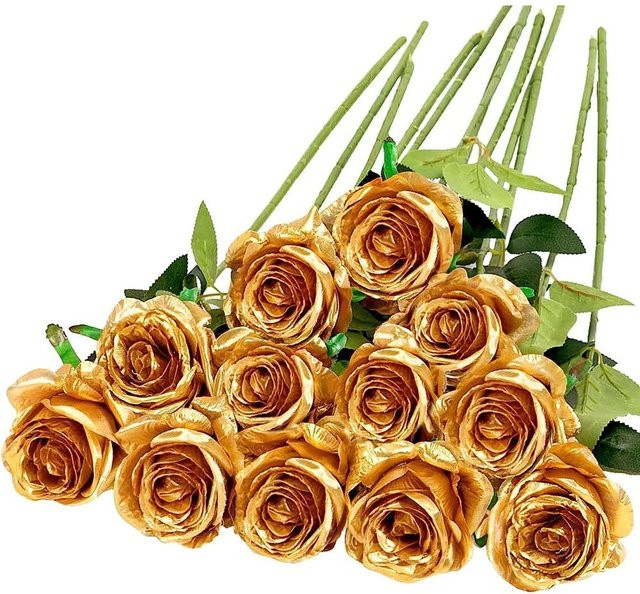 12 Stück Realistischer Künstlicher Rosenstrauß in Gold für Hochzeiten und Dekorationen - Bild 1