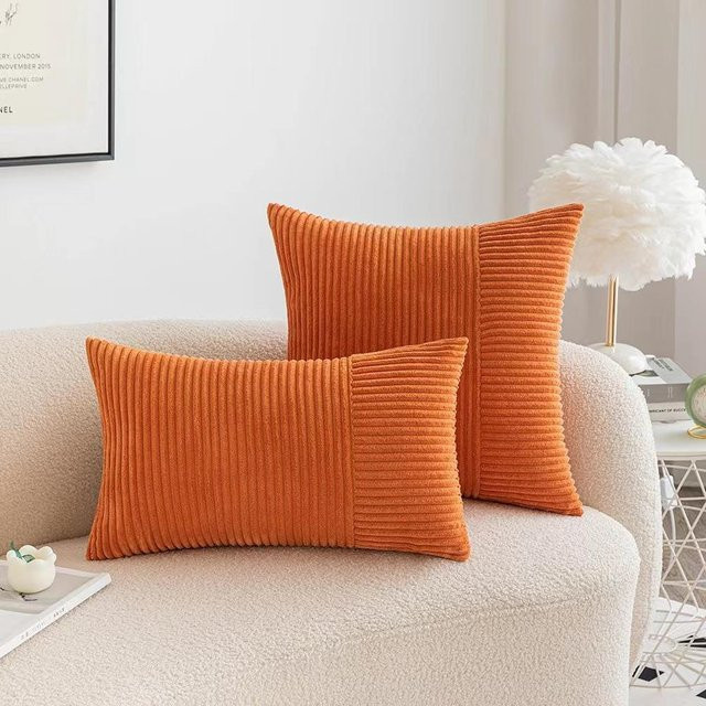 Yiran Furniture Kord Kissenbezug mit Streifen Design in Grün und Orange, weich und flauschig für dein Sofa oder Wohnzimmer - Bild 1