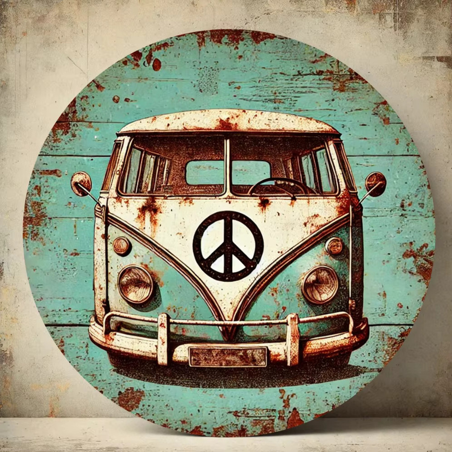 Potdemiel Vintage Hippie Van Wandkunst aus Metall, Rundes Retro Friedenszeichen Schild in Multicolour, Durchmesser: 20 cm - Bild 3