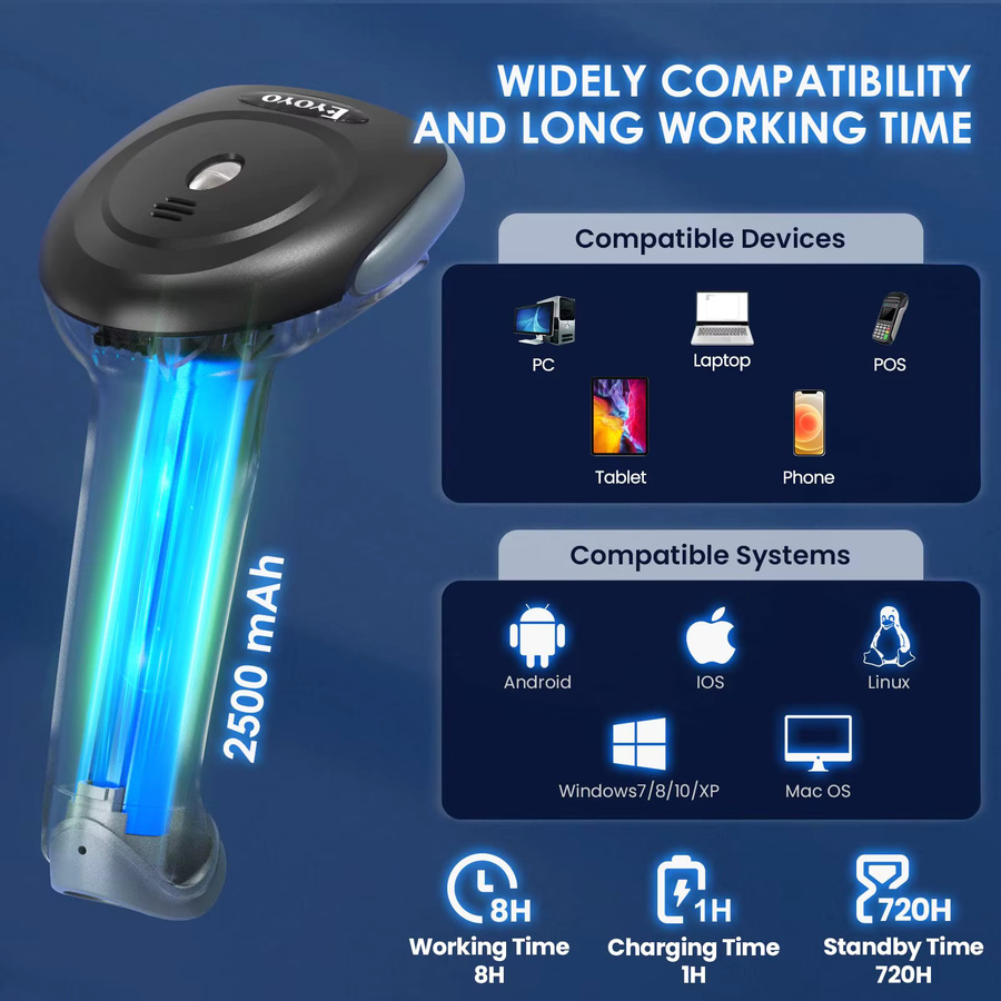 Eyoyo EY-034 2D-Bluetooth-Barcodescanner kabelloses Handgerät mit USB-Anschluss für QR-Codes und Barcodes in Schwarz oder Weiß - Bild 4