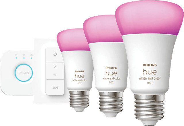 Philips Hue White & Color Starterset mit 3 E27 LED Lampen, Dimmer und Bridge - Bild 1
