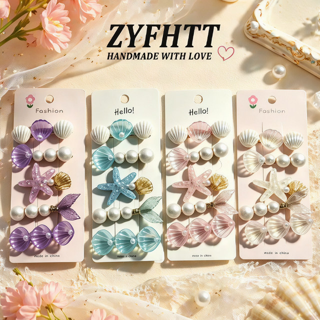 ZYFHTT Haarspangen Set, Seestern und Muschel mit Perlen, 5 Stück - Bild 1