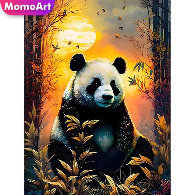 Momoart Diamantmalerei Panda Motiv als DIY-Diamantmosaik mit Sonnenuntergang in Mehrfarbig - Bild 1