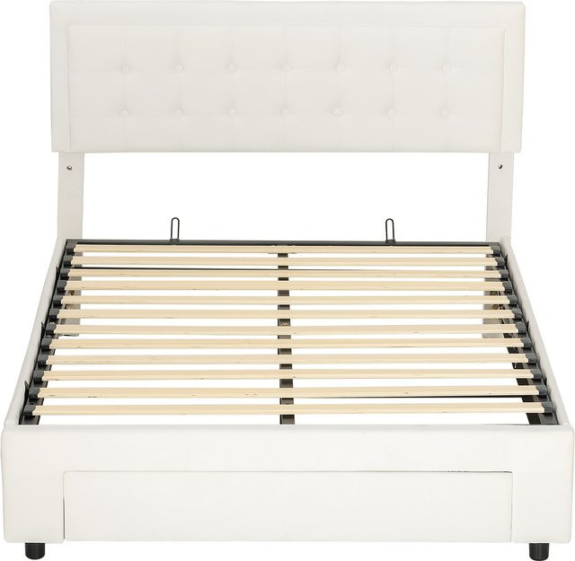 HOMCOM Doppelbettgestell mit Gaslift und Stauraum, Creme, B/T: 140 x 200 cm - Bild 1